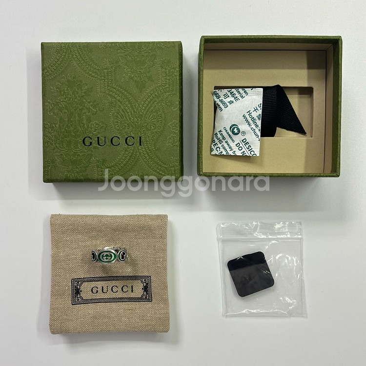 새상품 구찌 반지 인터로킹 G 에나멜 링 실버 그린 에나멜--7