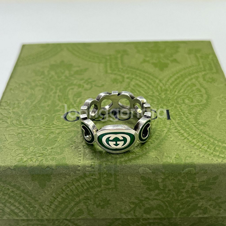 새상품 구찌 반지 인터로킹 G 에나멜 링 실버 그린 에나멜--5