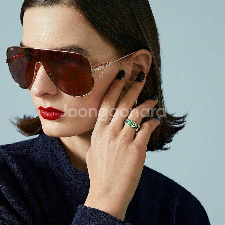 새상품 구찌 반지 인터로킹 G 에나멜 링 실버 그린 에나멜--4