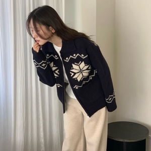 진심 눈꽃 울 집업 가디건 네이비