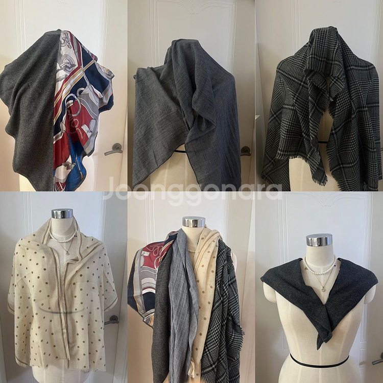 패션 스카프 4개 세트 봄가을, 가을겨울 땡땡이 체크 무지 패턴 투톤--0