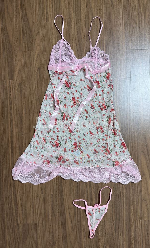 플라워 패턴 핑크 란제리 세트--0