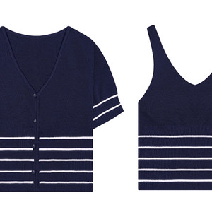 브이넥 단가라 반팔 니트가디건&나시 네이비