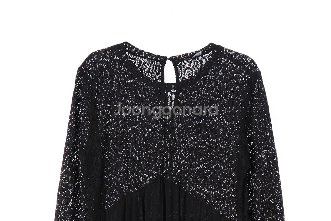 [M]자라 블랙 레이스 배색 긴팔 롱 튜닉원피스 드레스--1