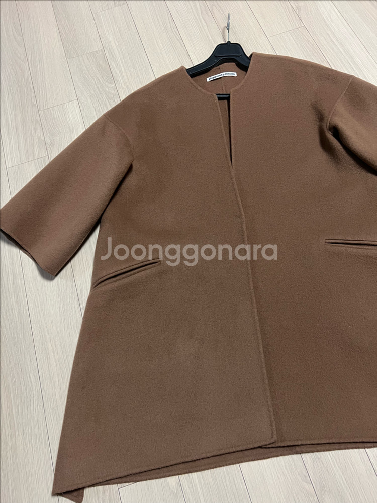 울90% 7부 소매 핸드메이드 숏코트 노카라 자켓 하프코트 반코트 브라운--3