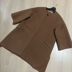 울90% 7부 소매 핸드메이드 숏코트 노카라 자켓 하프코트 반코트 브라운