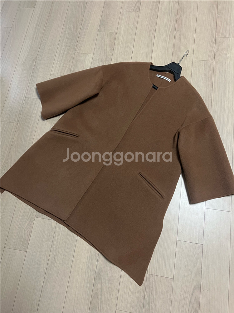 울90% 7부 소매 핸드메이드 숏코트 노카라 자켓 하프코트 반코트 브라운--10