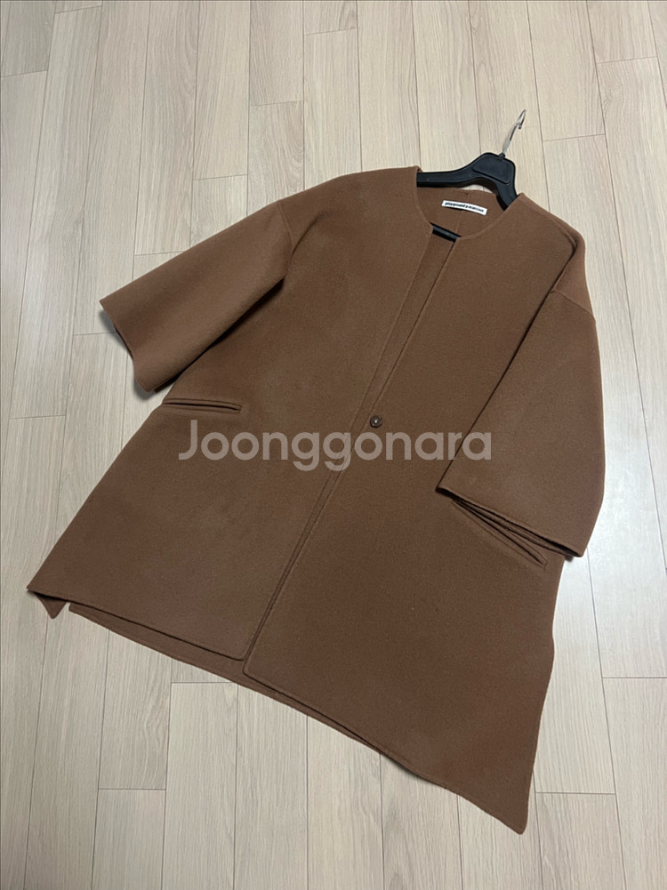 울90% 7부 소매 핸드메이드 숏코트 노카라 자켓 하프코트 반코트 브라운--11