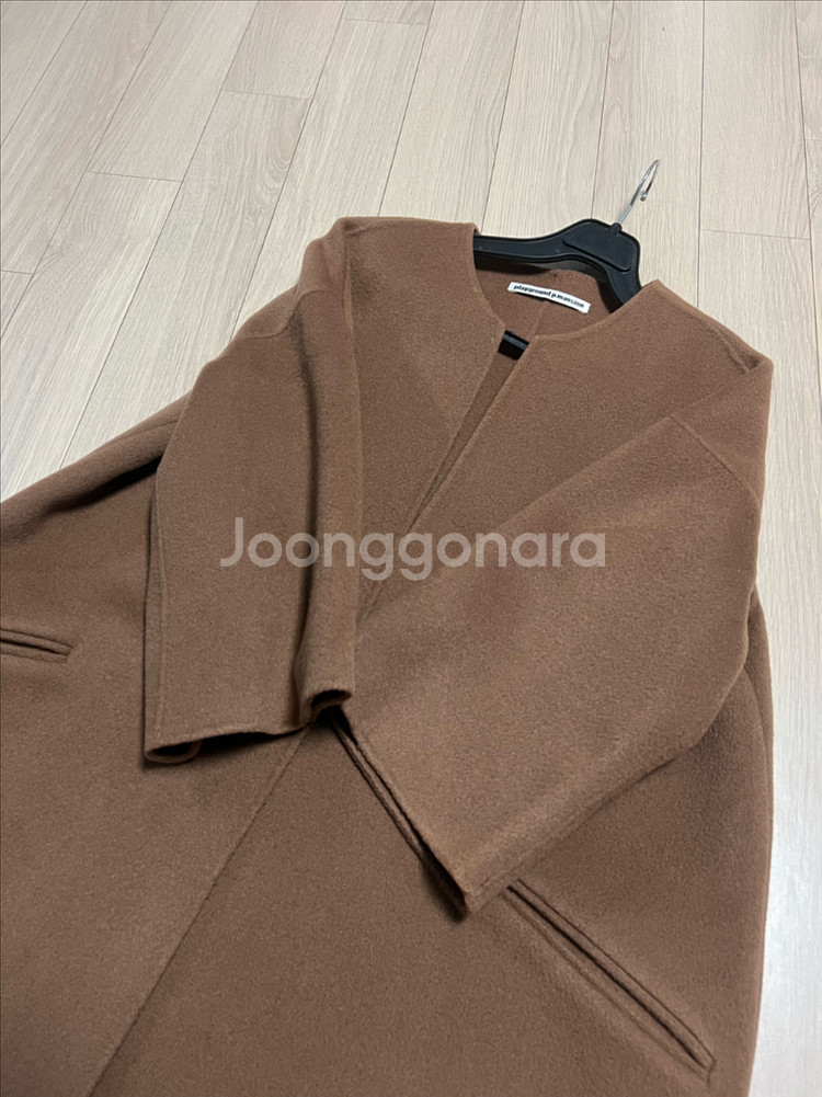 울90% 7부 소매 핸드메이드 숏코트 노카라 자켓 하프코트 반코트 브라운--14