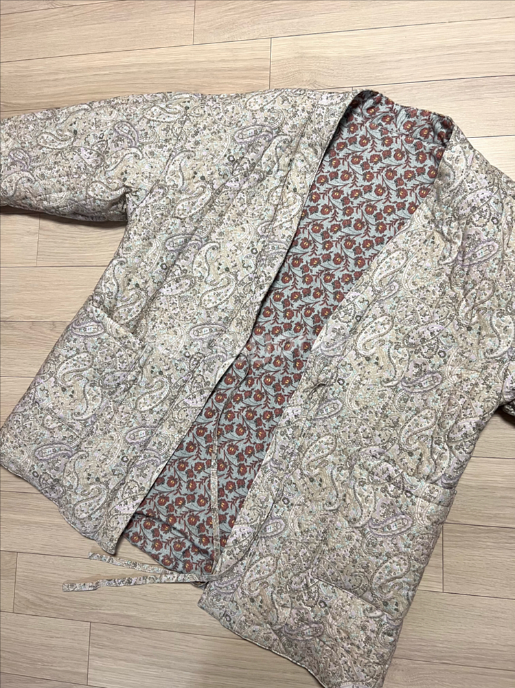 양면 누빔 퀼팅 랩 자켓 페이즐리 플라워 반다나 점퍼 기모노 솜패딩가디건--5