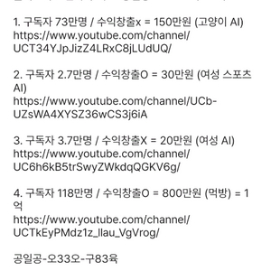 유튜브 채널 구독자 118만 73만 3.7만 2.7만