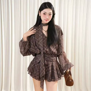 체크 타이 랩 원피스