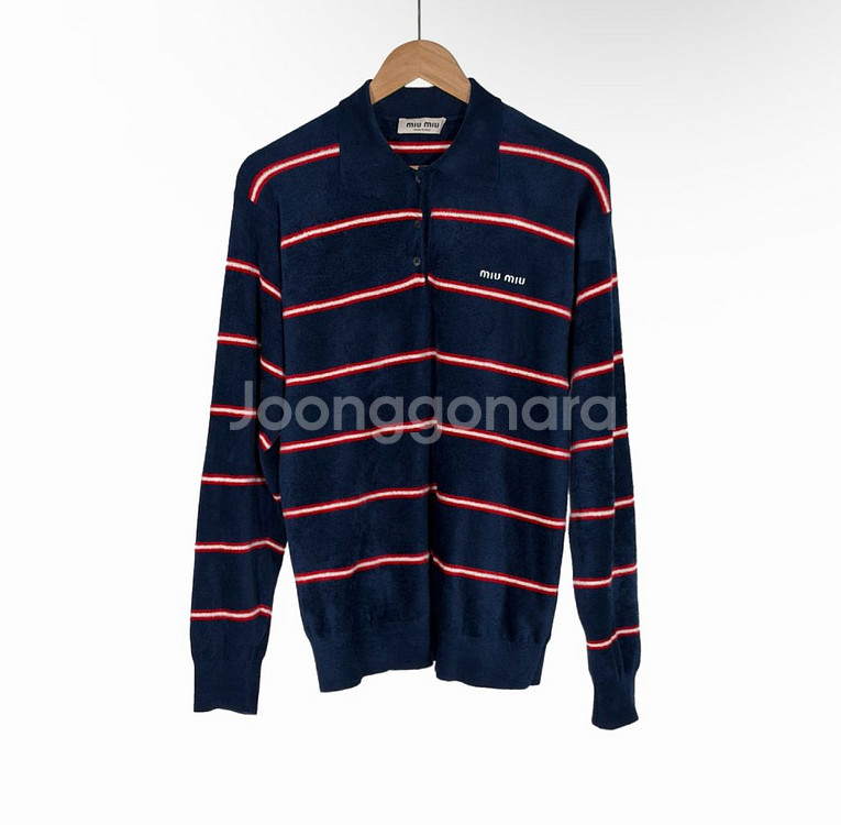 [36] 미우미우 스트라이프 비스코스 테리 폴로 카라 긴팔 셔츠 티셔츠--0