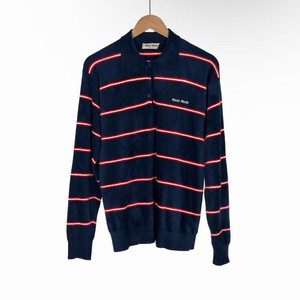 [36] 미우미우 스트라이프 비스코스 테리 폴로 카라 긴팔 셔츠 티셔츠