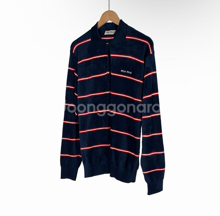 [36] 미우미우 스트라이프 비스코스 테리 폴로 카라 긴팔 셔츠 티셔츠--1