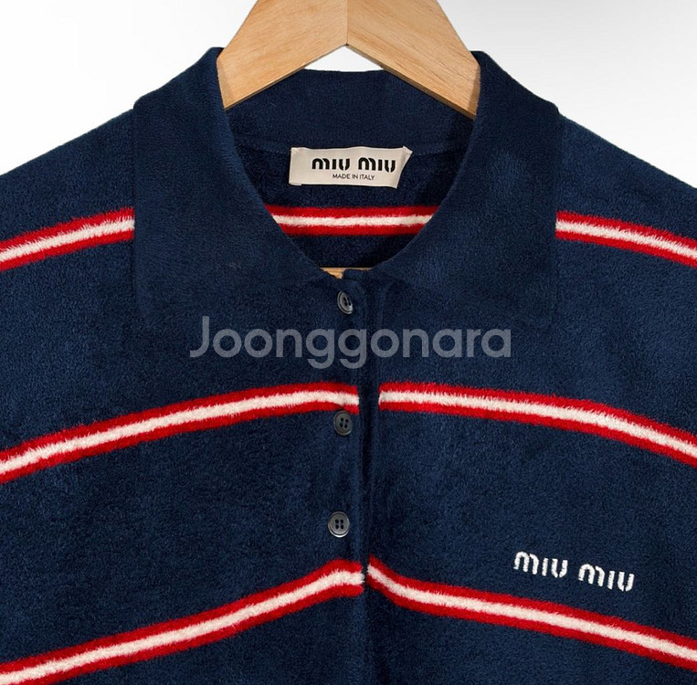 [36] 미우미우 스트라이프 비스코스 테리 폴로 카라 긴팔 셔츠 티셔츠--3