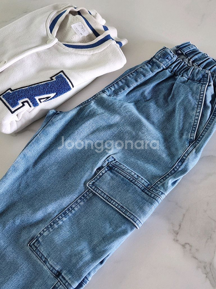 (새상품) 유니클로 키즈 스트레치 데님 카고 조거팬츠--0