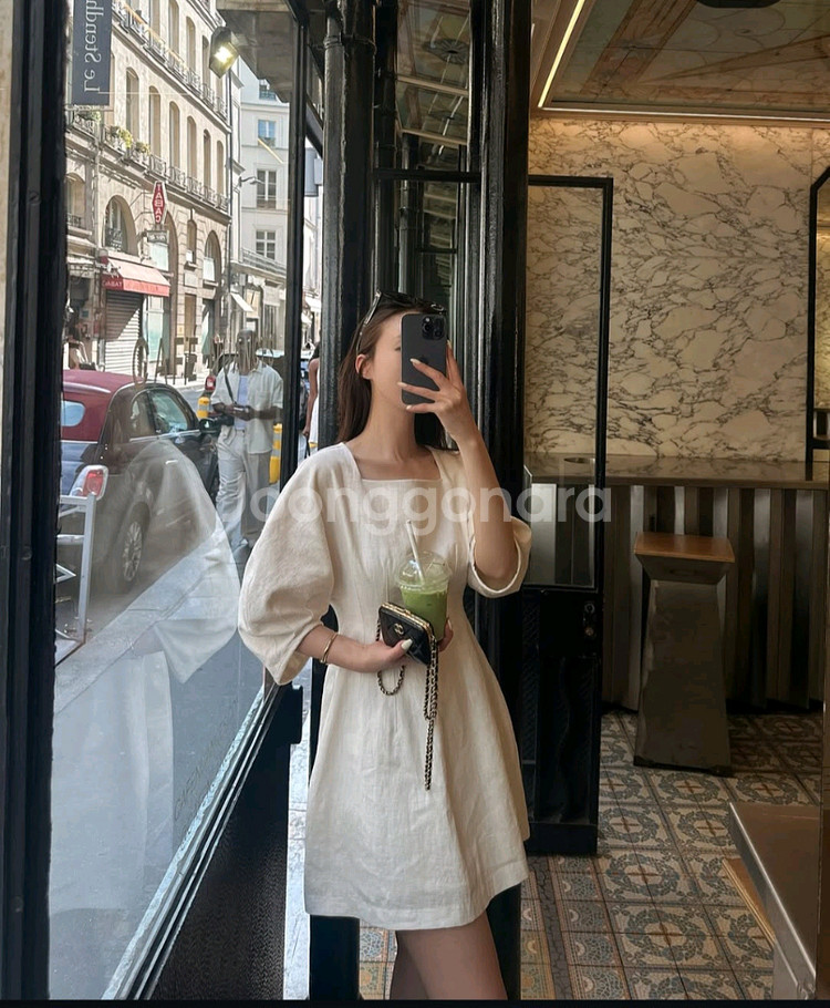 더로랑 퍼프 린넨 아워 글레스 드레스 원피스 m--0