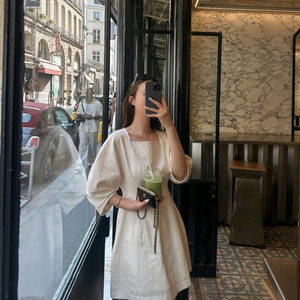 더로랑 퍼프 린넨 아워 글레스 드레스 원피스 m