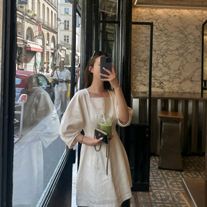 더로랑 퍼프 린넨 아워 글레스 드레스 원피스 m