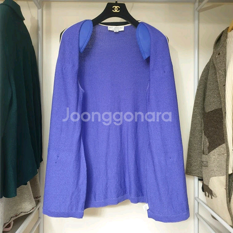 명품 ST.JOHN 센존 비즈라인배색 퍼플 니트 가디건 자켓--2