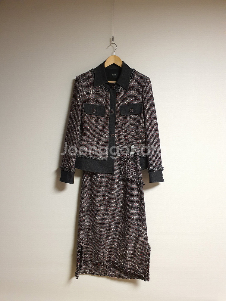 타임 time 데님 블록 트위드 자켓 + 스커트 셋업 55 사이즈--3