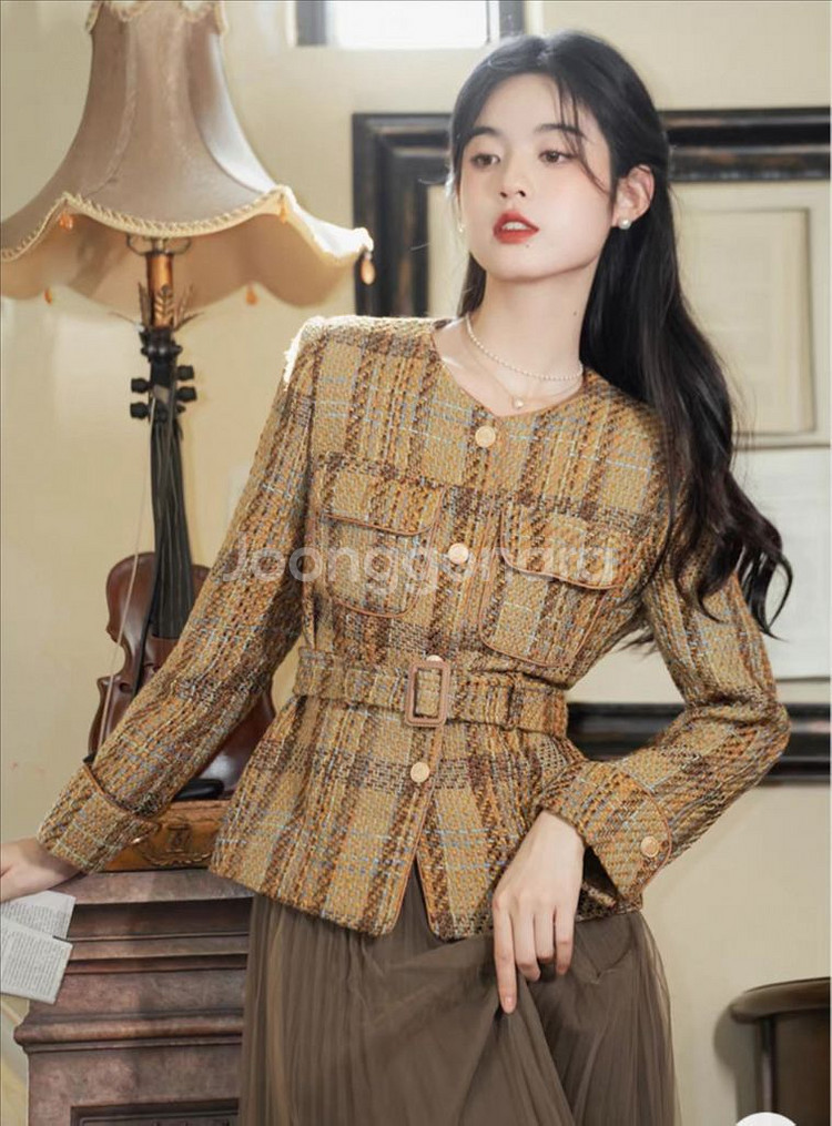 체크 트위드 노카라 자켓--0