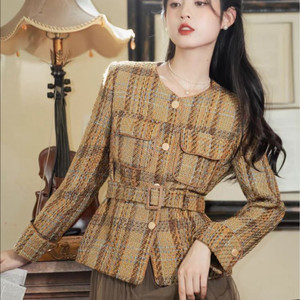 체크 트위드 노카라 자켓