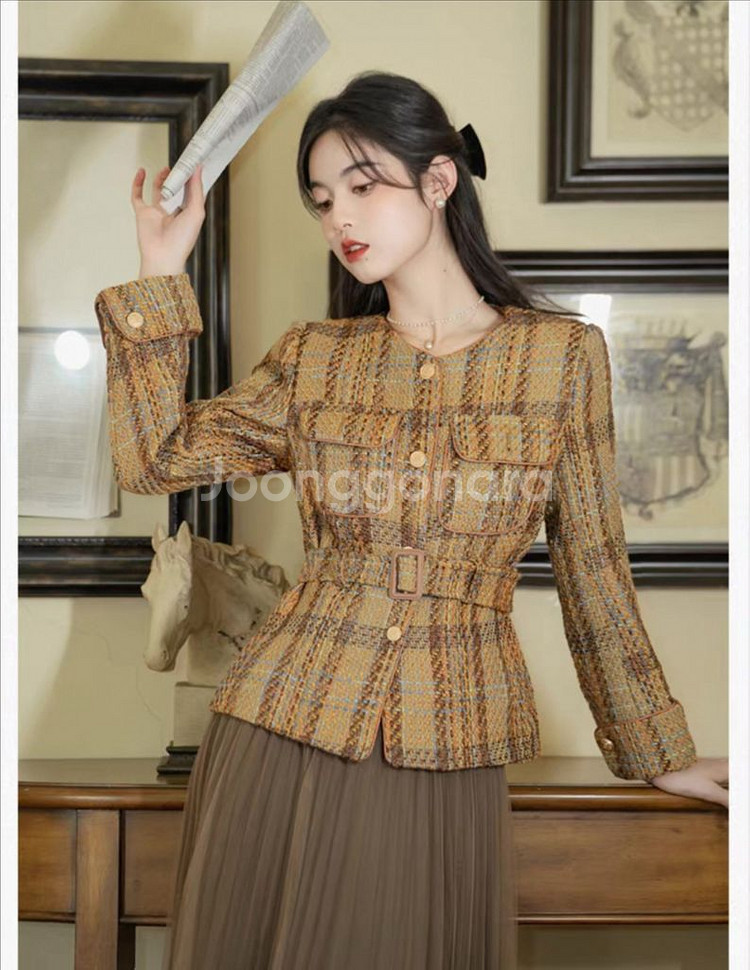 체크 트위드 노카라 자켓--1