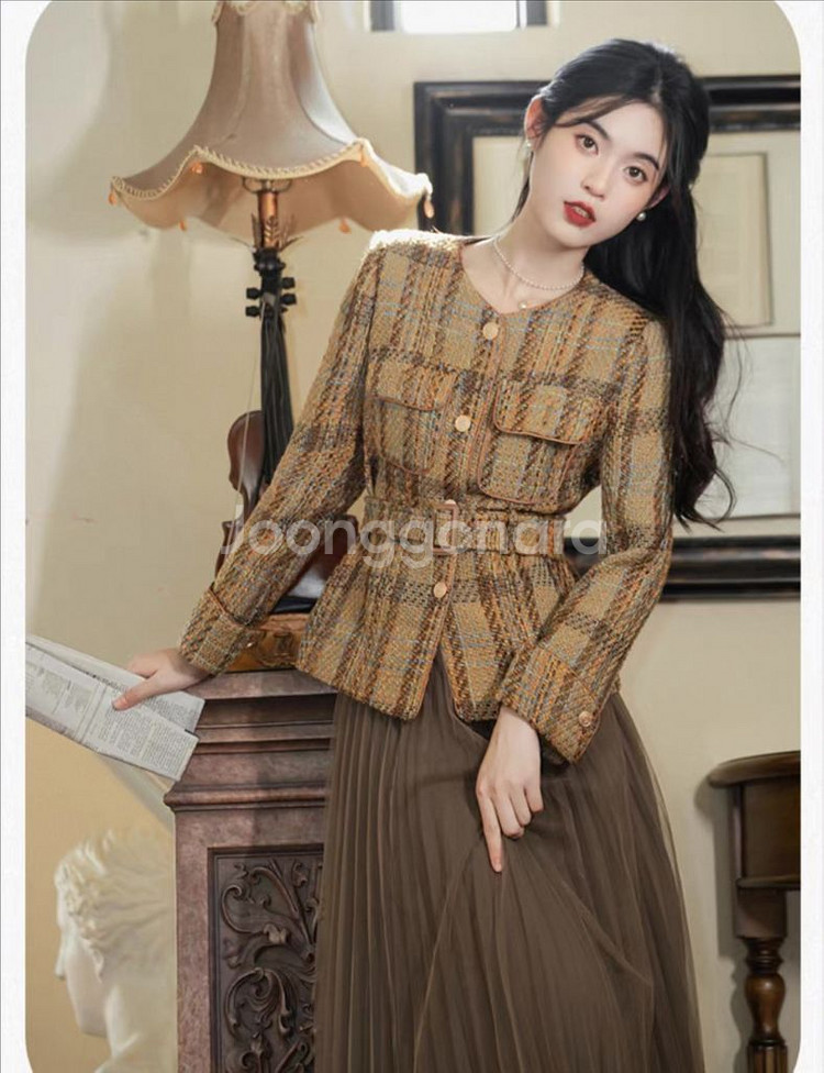 체크 트위드 노카라 자켓--2