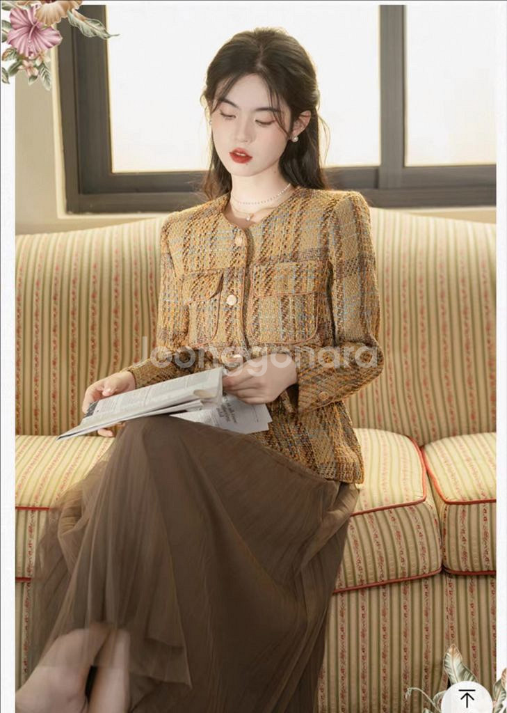 체크 트위드 노카라 자켓--4