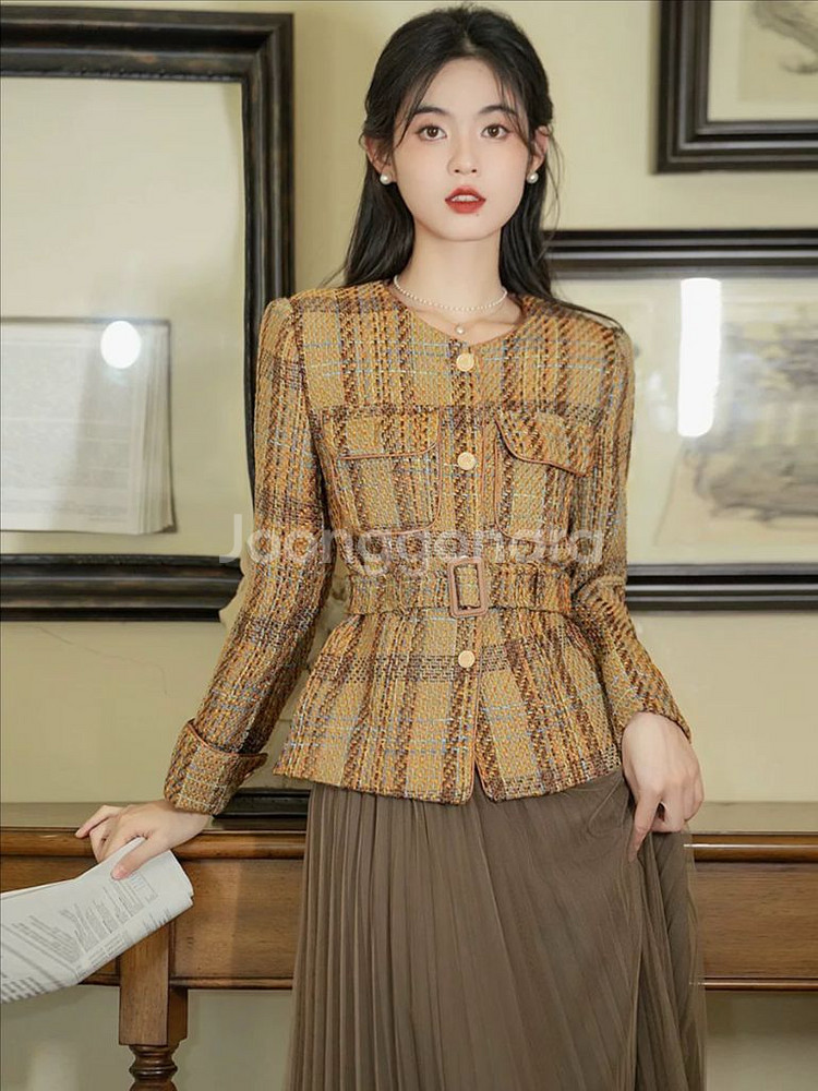 체크 트위드 노카라 자켓--3