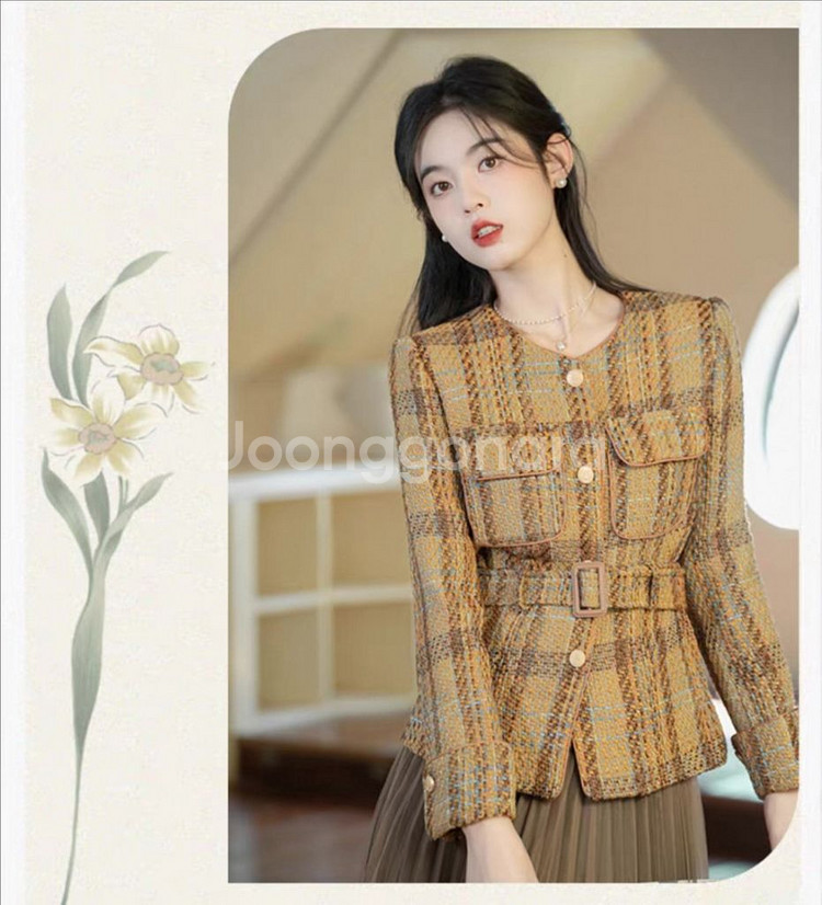 체크 트위드 노카라 자켓--5