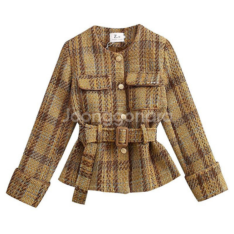 체크 트위드 노카라 자켓--8