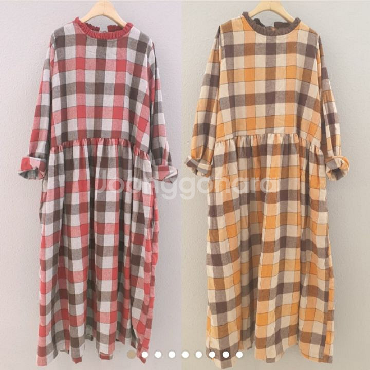 피치기모 체크롱원피스 내츄럴올리브--0