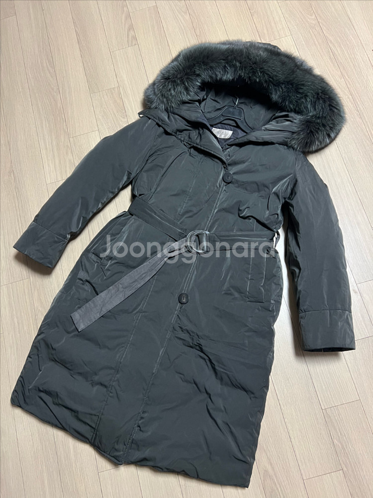 한섬 SJSJ 구스다운 폭스퍼 후드 벨트 롱패딩 거위털 코트 점퍼 자켓 그레이--3