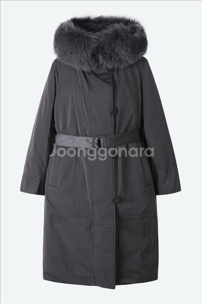 한섬 SJSJ 구스다운 폭스퍼 후드 벨트 롱패딩 거위털 코트 점퍼 자켓 그레이--2