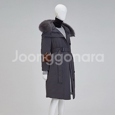 한섬 SJSJ 구스다운 폭스퍼 후드 벨트 롱패딩 거위털 코트 점퍼 자켓 그레이--1