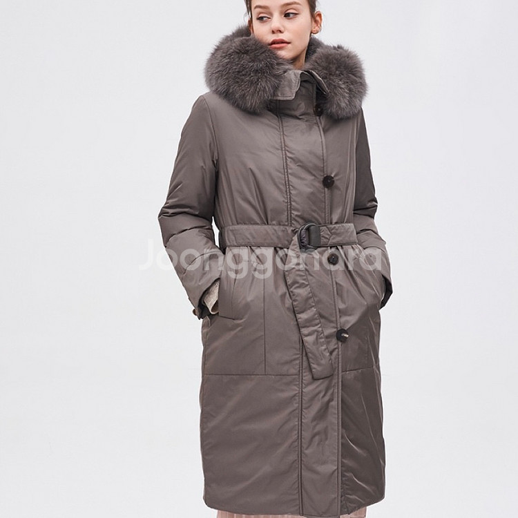 한섬 SJSJ 구스다운 폭스퍼 후드 벨트 롱패딩 거위털 코트 점퍼 자켓 그레이--0