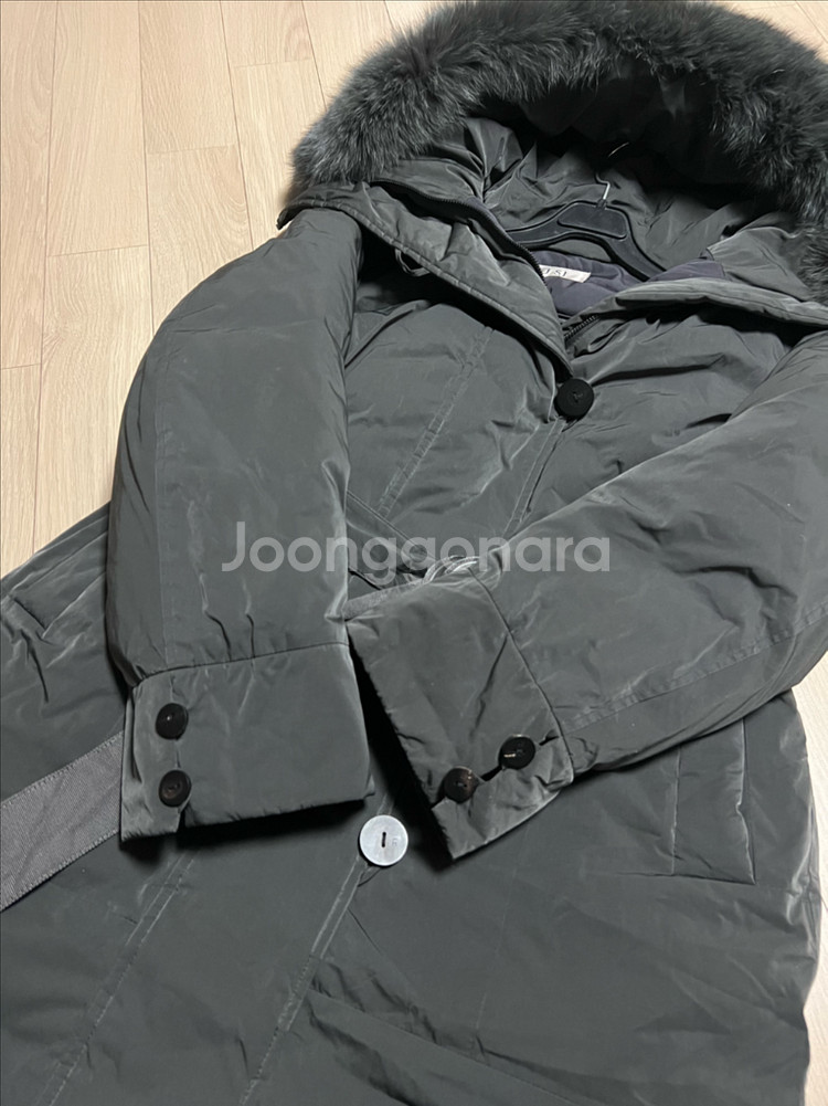 한섬 SJSJ 구스다운 폭스퍼 후드 벨트 롱패딩 거위털 코트 점퍼 자켓 그레이--5