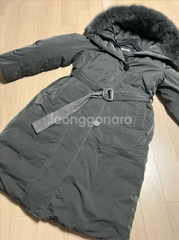 한섬 SJSJ 구스다운 폭스퍼 후드 벨트 롱패딩 거위털 코트 점퍼 자켓 그레이--11