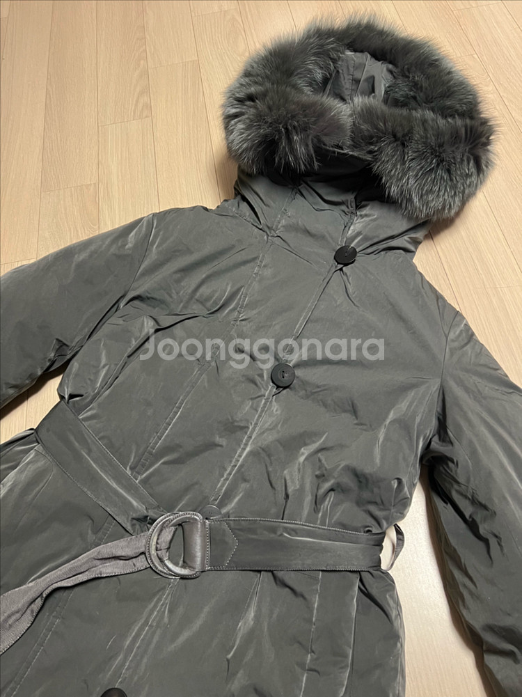 한섬 SJSJ 구스다운 폭스퍼 후드 벨트 롱패딩 거위털 코트 점퍼 자켓 그레이--12