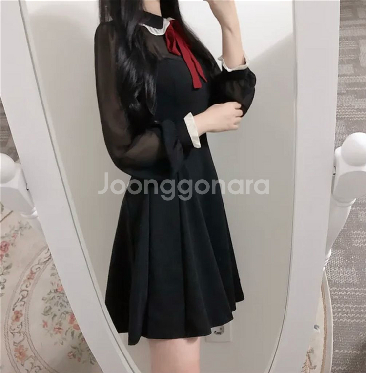 배색 리본 원피스--1