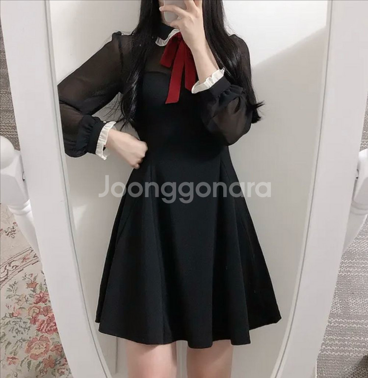 배색 리본 원피스--2