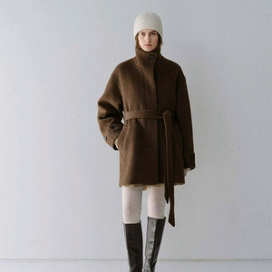 MOHAN 울 하이넥 하프코트 M사이즈 브라운