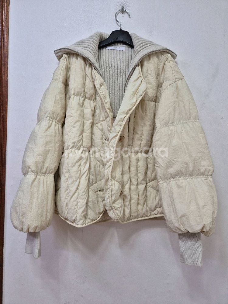 보브 경량구스 소매 니트배색 루즈 패딩점퍼(55~66)--0