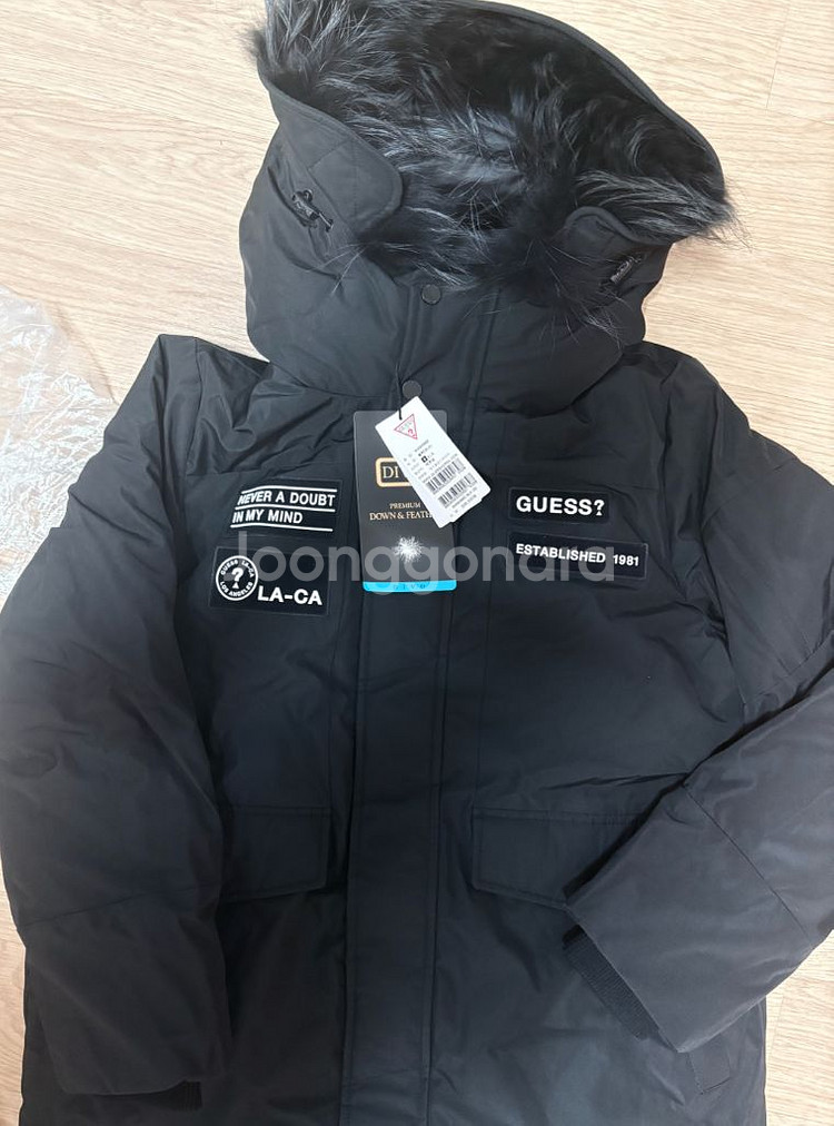 게스 블랙 롱패딩 85사이즈 솜털 ,너구리털 새제품--0