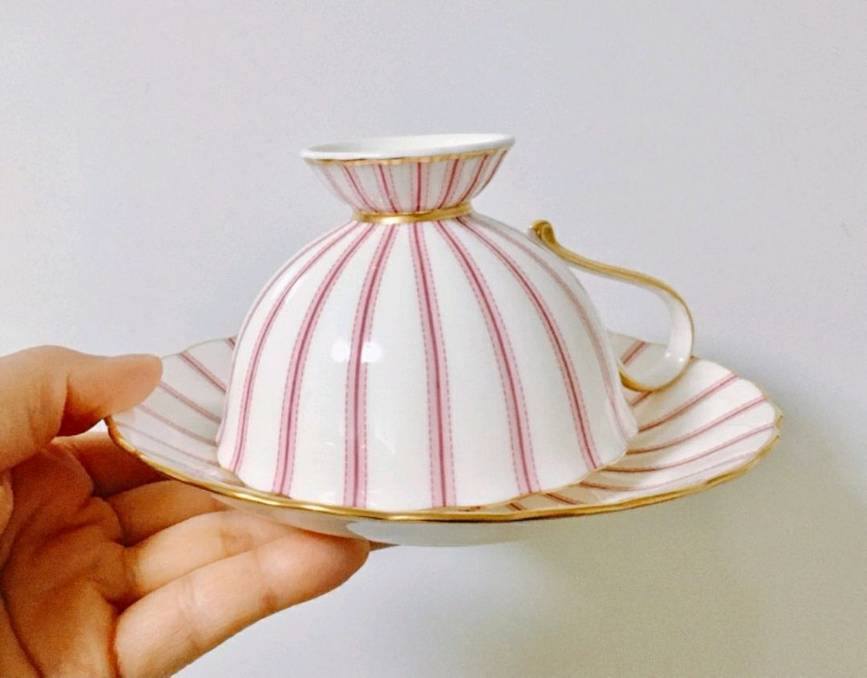 [1조 가격]빈티지 노리다케 핑크 리본 스티치 패턴 찻잔 겸 커피잔--2