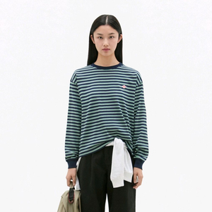 DANTON 단톤 티셔츠 스트라이프 네이비x그린 멀티 긴팔 새상품 XS