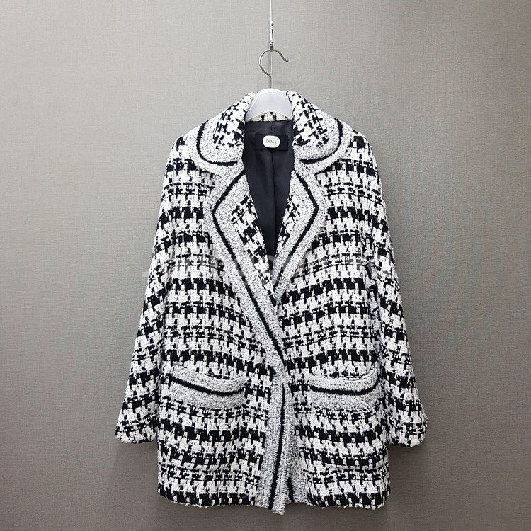 듀엘 DEWL 2021 하운드체크 니트 배색 자켓 S사이즈--1